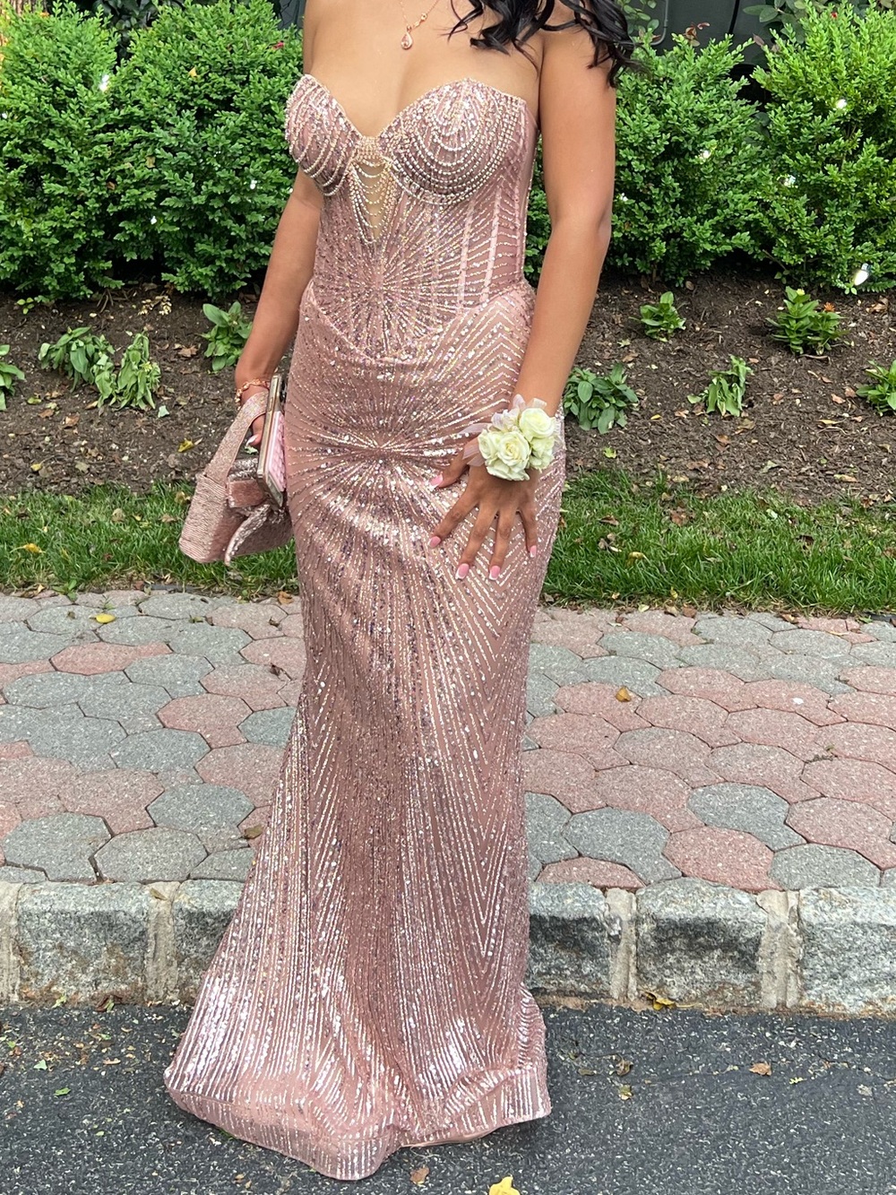 Adore Rose Gold Sequin Strapless Prom Gown